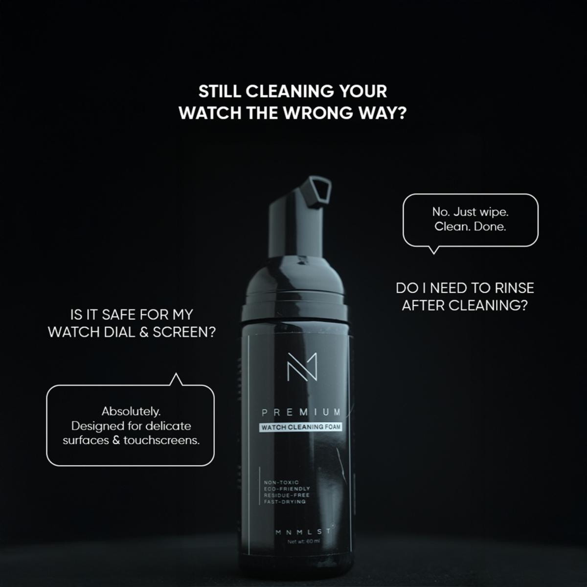 Watch cleaning foam bottle with text on a black background