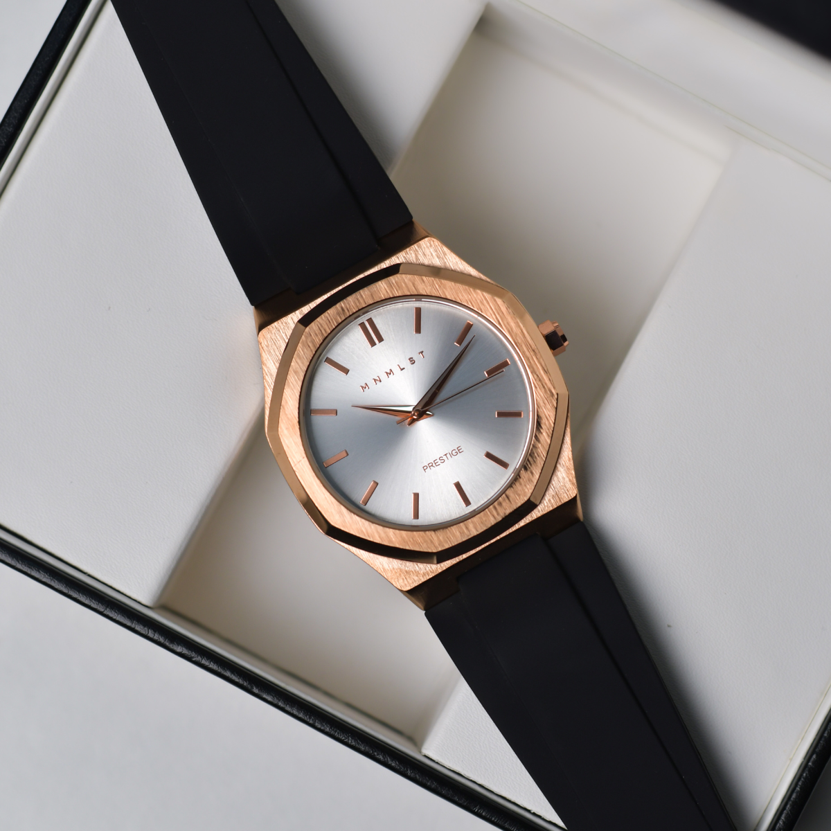 Prestige Pearl - Rose Gold case, Light Coloured Dial, Black Strap