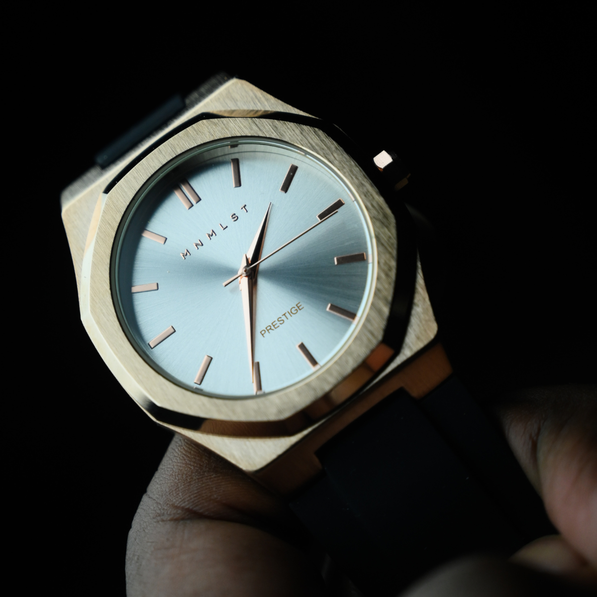Prestige Pearl - Rose Gold case, Light Coloured Dial, Black Strap