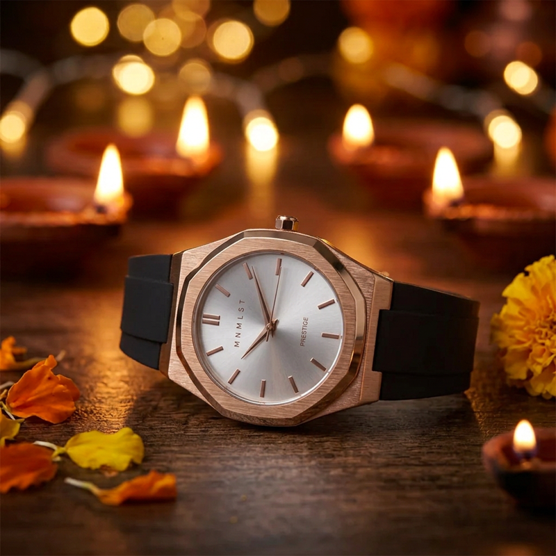 Prestige Pearl - Rose Gold case, Light Coloured Dial, Black Strap